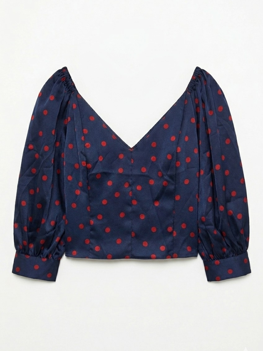 PLUS - ELOQUII Navy & Red Polka Dot Puff Sleeve V-Neck Blouse